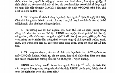 Thông báo số 249/TB-UBND v/v Nghỉ lễ và treo cờ tổ quốc nhân dịp Lễ Quốc khánh 02/9/2018